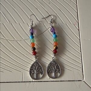 Multicolor Chakra Bead Tree of Life Dangle Earrings